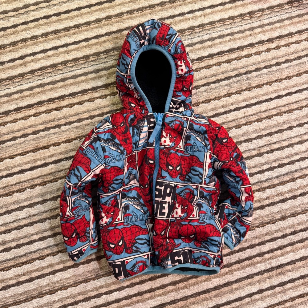 Toddler 2T Spiderman Reversible Fleece Jacket Hooded Zip Up Marvel Comic Print - Picture 1 of 5